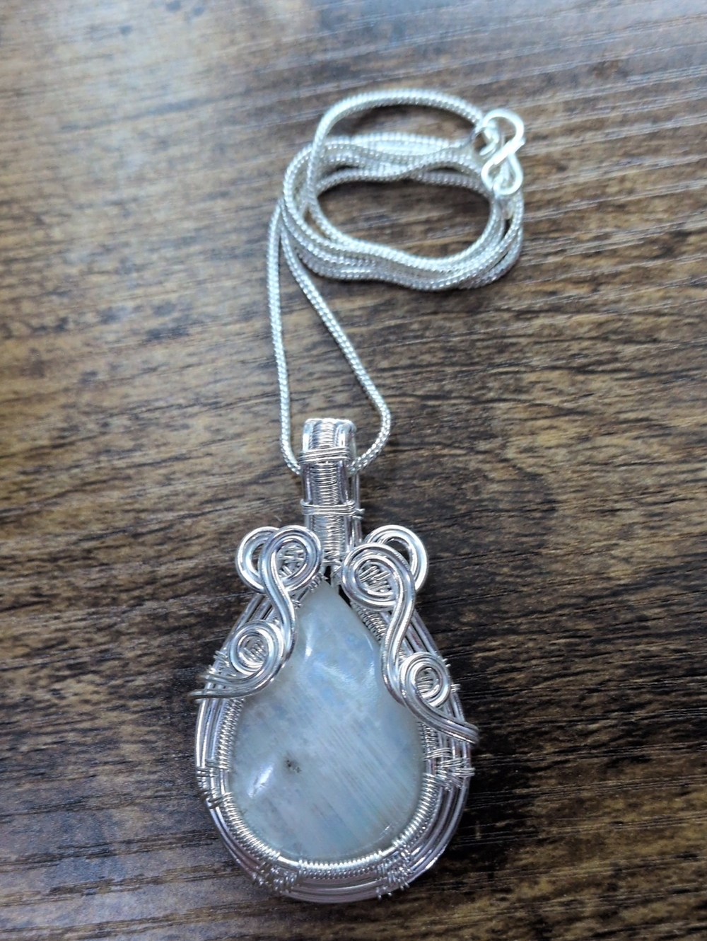 Silver Wire-Wrapped Moonstone Teardrop Pendant Necklace